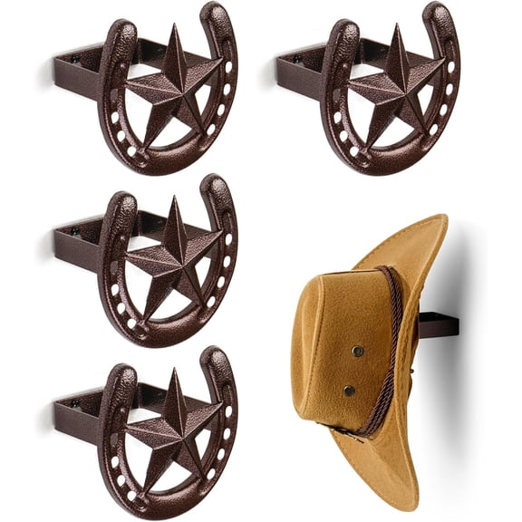 Cowboy Hat Rack for Wall, 4 Pack Iron Horseshoe Star Hooks, Bronze