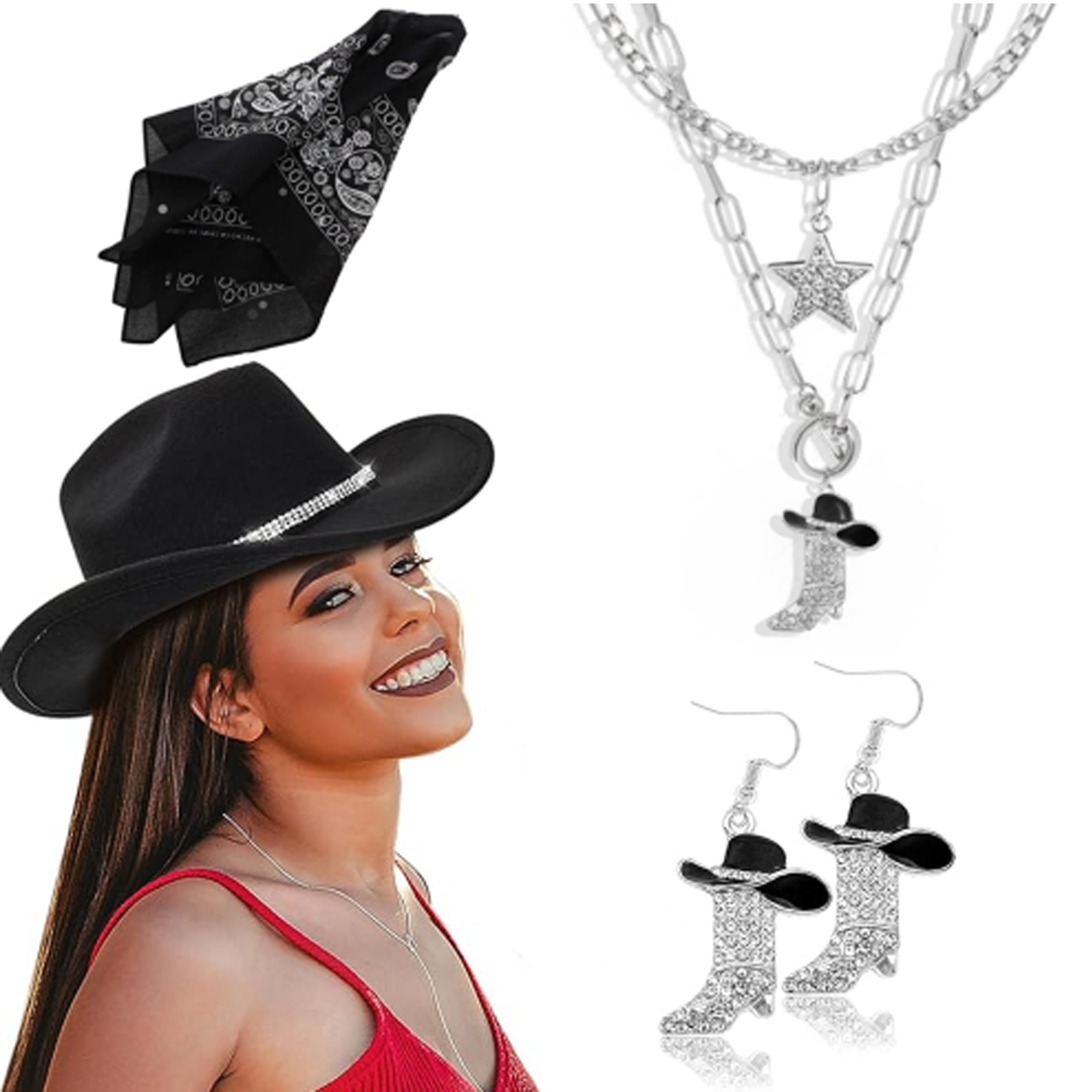 Cowboy Hat with Rhinestone Jewelry Set - Western Costume Beyoncee rhinestone cowgirl hat / Diamond cowgirl hat  main image 3