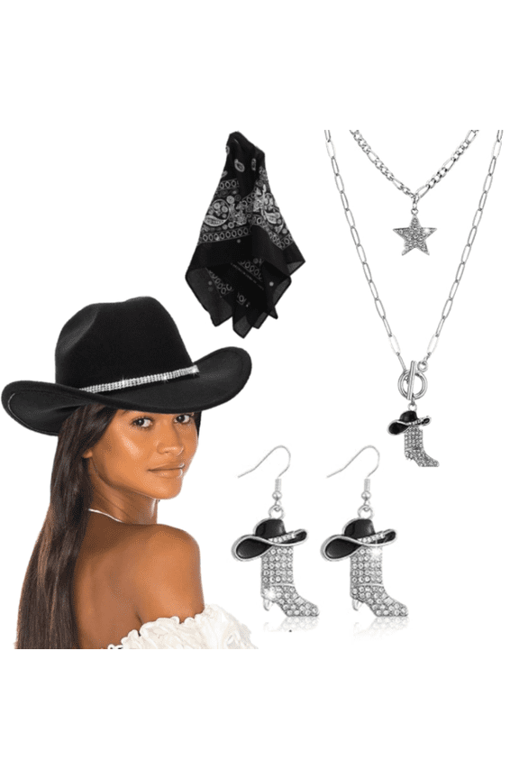 Cowboy Hat Rhinestone Cowgirl Boots Earrings Set Western Earring Felt Fedora Jazz Hat Rodeo Outfit for Women Size M