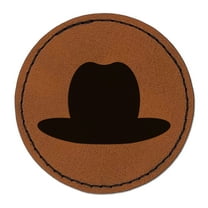 Cowboy Hat Solid 2.5" Faux Leather Round Engraved Iron-On Patch - Brown
