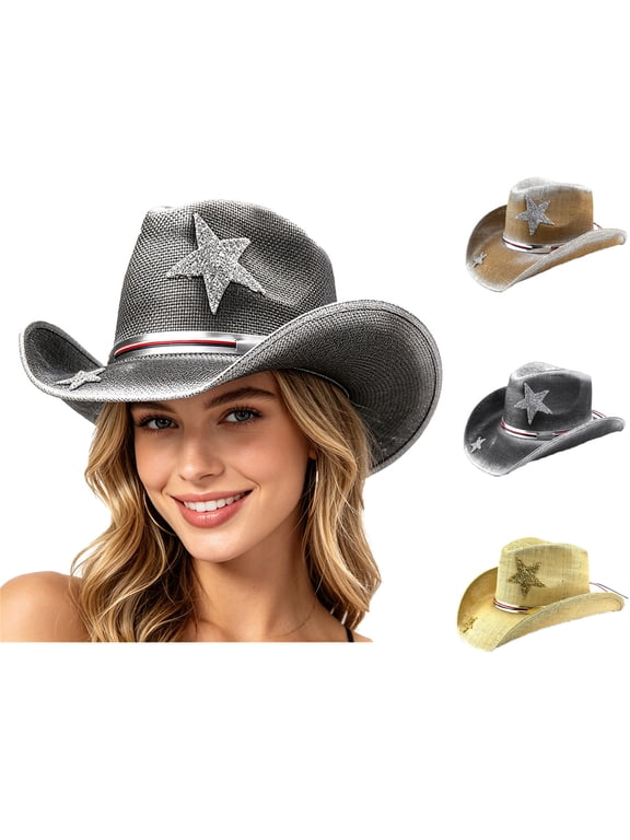 Cowboy Hat Western Mens Classic Straw French Hat Cowgirl Women Summer Rancher Hats with 10cm Wide Brim