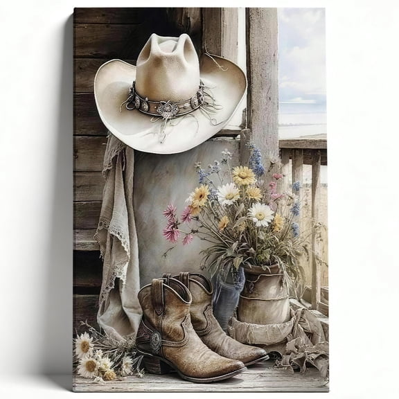 Cowboy Hat & Wildflower Porch Canvas Wall Art, Rustic Western Decor, Vintage Farmhouse Artwork for Entryway, Ready to Hang