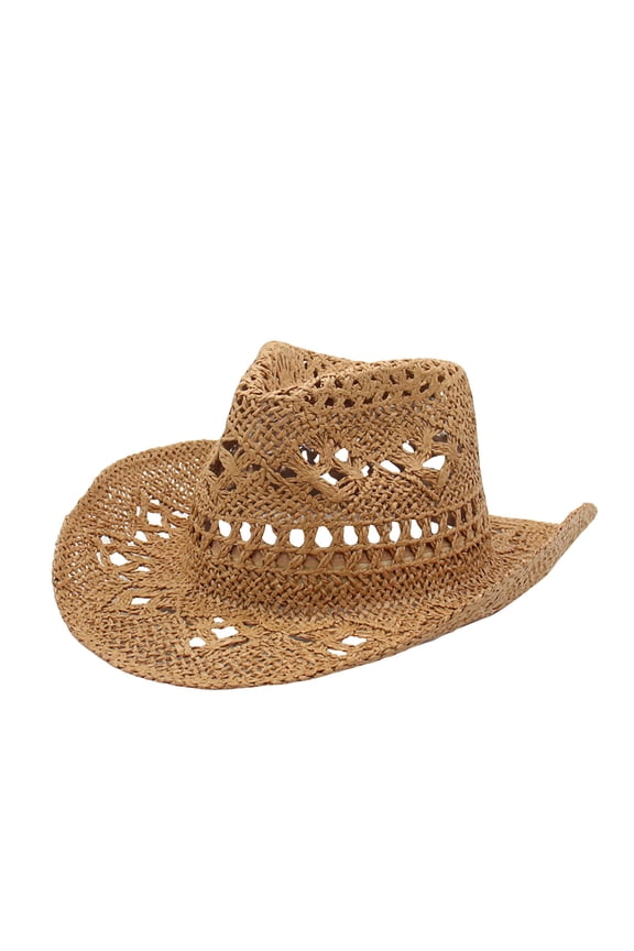 Cowboy Hat for Women and Men BWASD Classic Hollow Out Straw Weave Cowgirls Cap Casual Trendy Wide Brim Beach Sun Hats for Vacation, Travel, Outdoor, Camping Brown