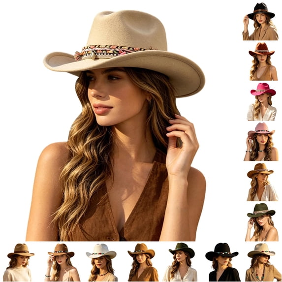 Cowboy Hat Women Party Wide Brim Western Fedora Jazz Solid Color Lightweight Fabric Autumn Winter Theme Headwear