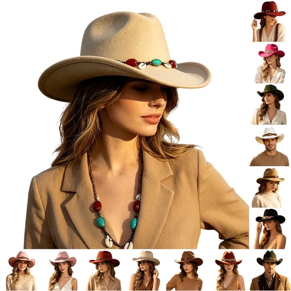 Cowboy Hat Women Wide Brim Western Fedora Jazz Lightweight Fabric Curved Brim Autumn Winter Party Outdoor Headwear