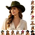 thumbnail image 1 of Cowboy Hat Women Wide Brim Western Fedora Jazz Lightweight Fabric Curved Brim Autumn Winter Party Outdoor Headwear, 1 of 5