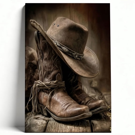 Cowboy Hat and Boots Canvas Wall Art, Vintage Western Rustic Artwork for Farmhouse Living Room Bedroom Ranch Decor 8*12