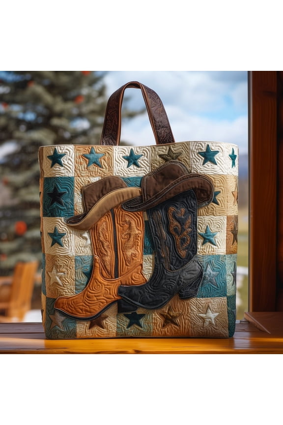 Cowboy Hat and Boots Quilted Tote Bag, Western Rodeo Pattern Shoulder Tote, Rustic Country Market Bag