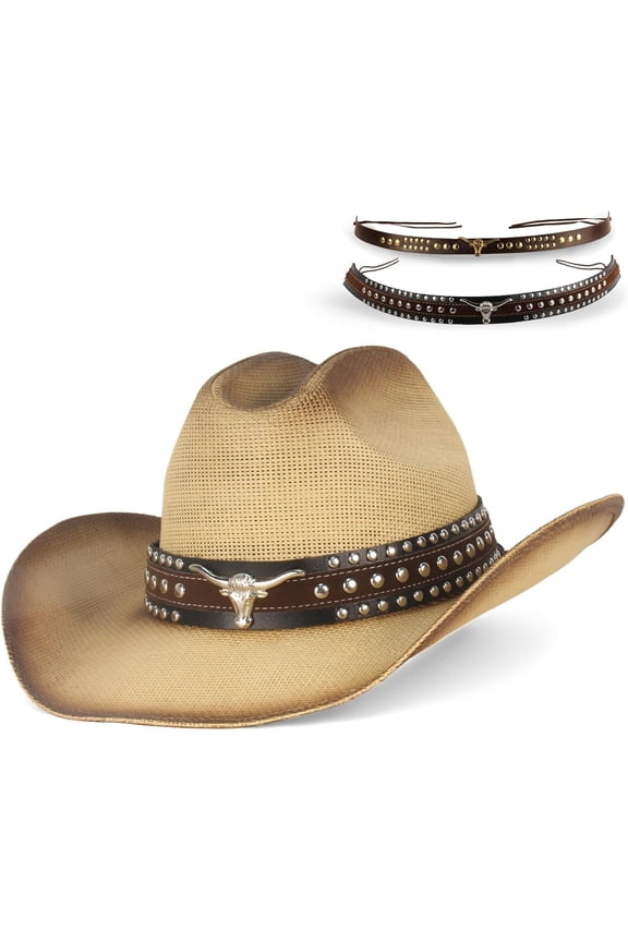Cowboy Hat for Men & Women - Sun Hat with 2 Interchangeable Bands, Wide Brim Outdoor Ranch Hat