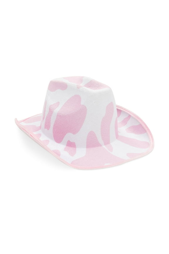 Cowboy Hat for Women, Men - Light Pink Cowgirl Hat with Cow Print Design for Birthday Party, Costume (Adult Size)
