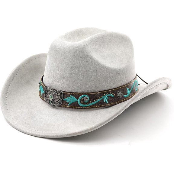 Cowboy Hat for Women Men with Embroidery Belt Wide Brim Western Suede Hat for Cowboys and Cowgirls