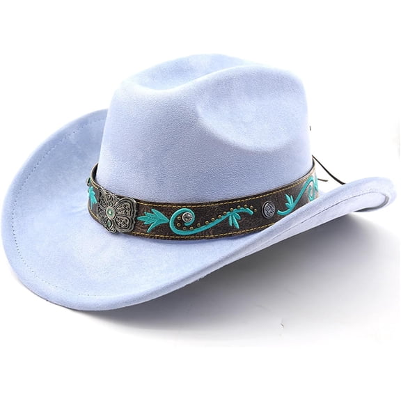 Cowboy Hat for Women Men with Embroidery Belt Wide Brim Western Suede Hat for Cowboys and Cowgirls