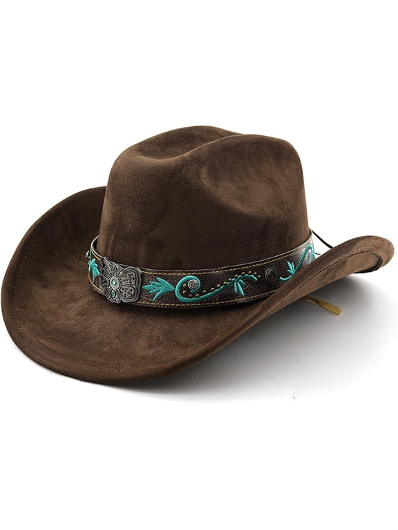 Cowboy Hat for Women Men with Embroidery Belt Wide Brim Western Suede Hat for Cowboys and Cowgirls