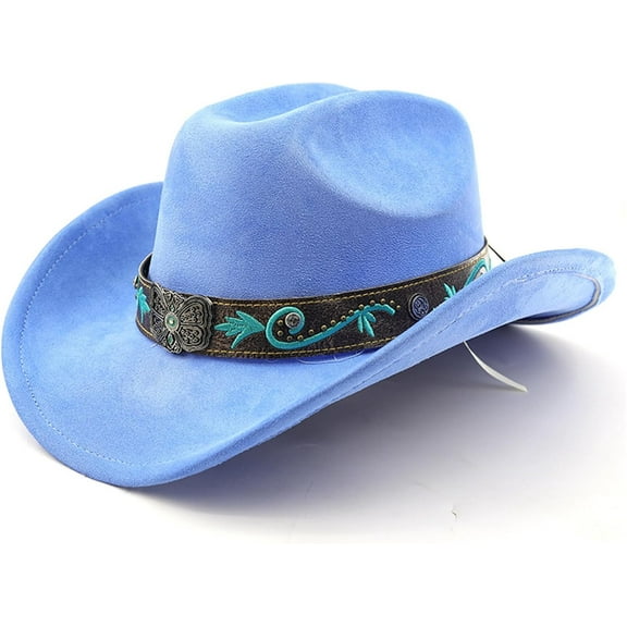 Cowboy Hat for Women Men with Embroidery Belt Wide Brim Western Suede Hat for Cowboys and Cowgirls