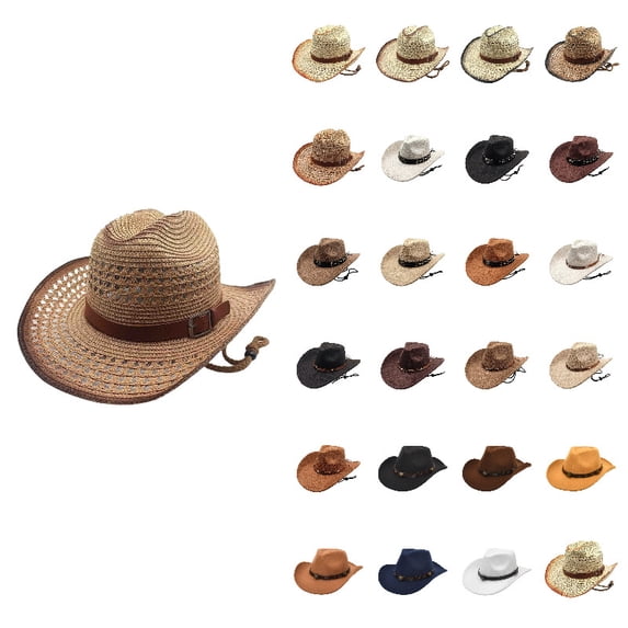 Cowboy Hat for Women and Men Khak Classic Western Felt Cowboy Cowgirl Hat Outdoor Wide Brim Belt Buckle Retro Fedora Hats Unisex Rolled up Caps