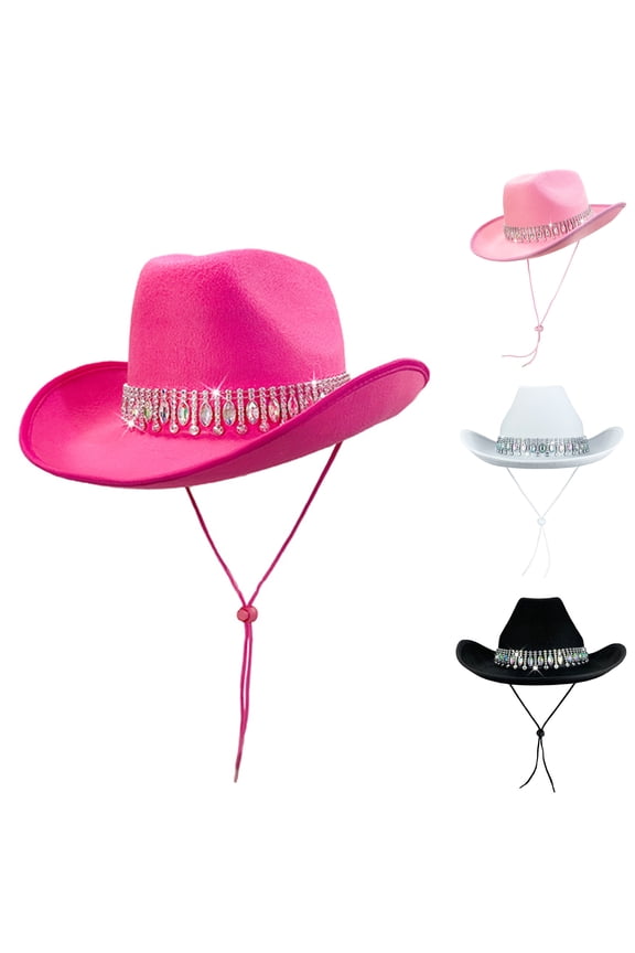Cowboy Hat with Rhinestone Fringe - Wide Brim Western Style for Women’s Party & Music Festivals Black