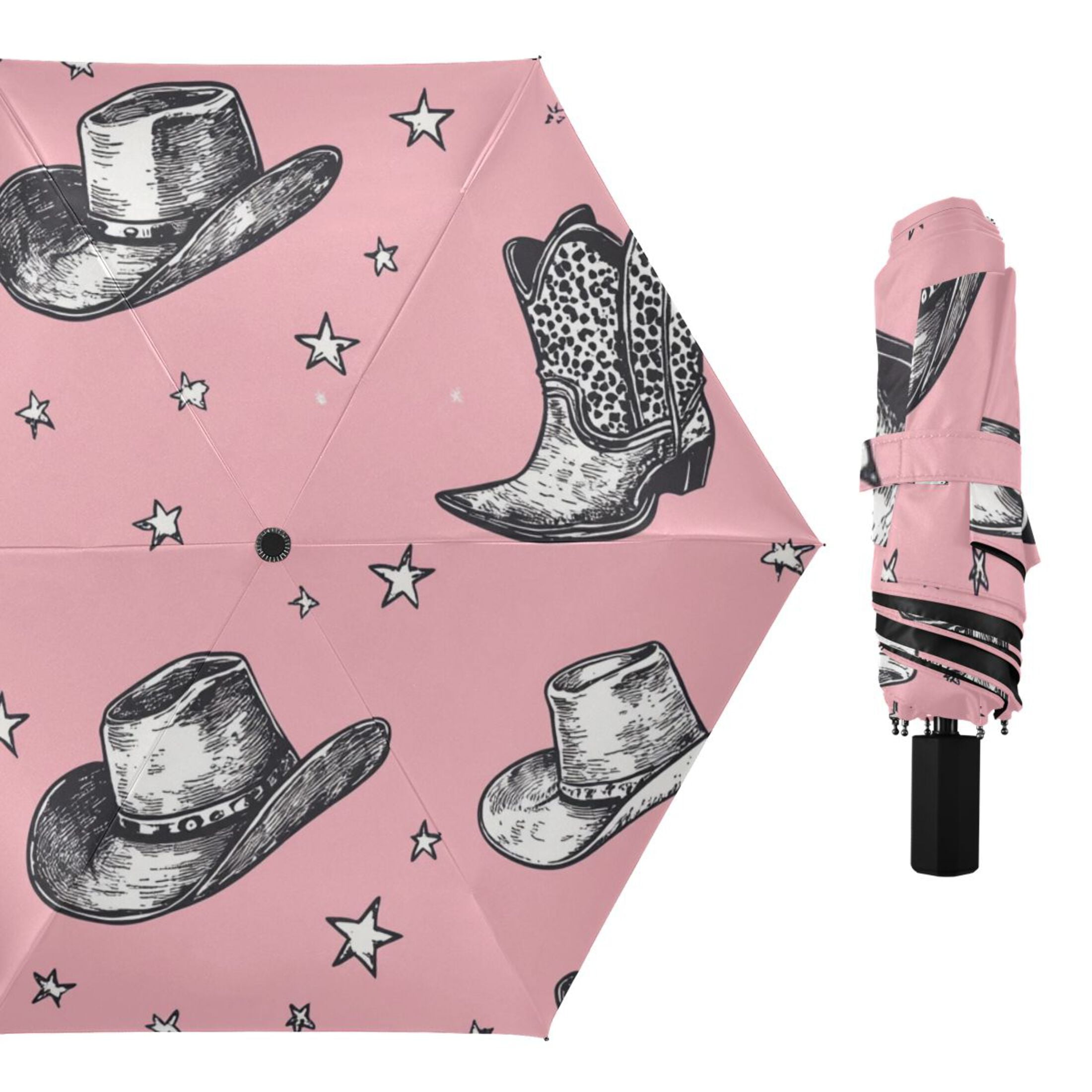 Cowboy Hats Boots Stars All Weather Umbrella Triple Folding Parasol 6 Ribs UV Protection Portable