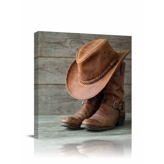 Cowboy Hats Canvas Wall Art, Western Cowboy Boots Vintage Wood Grain Framed Wall Decor Modern Artwork Prints Painting for Living Room, Bedroom, Kitchen & Cafe Decor 8x8 Inch
