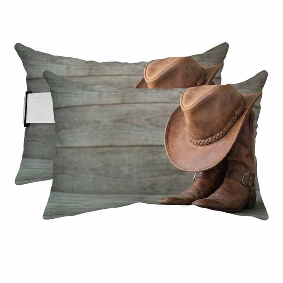 Cowboy Hats Outdoor Chaise Lounge Pillows Western Cowboy Boots Vintage Wood Grain Lumbar Pillows with Insert Adjustable Elastic Strap Headrest Pillow for Recliner Patio Chair 2 Pack 11x16 Inch