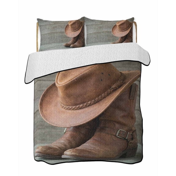 Cowboy Hats Quilts Bedding Set Queen Size Western Cowboy Boots Vintage Wood Grain Lightweight Quilted Bedspread 3 Piece Bed Quilt with 2 Pillow Shams All Season for Bedroom 78" x 90"