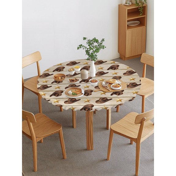 Cowboy Hats Star Round Fitted Tablecloth with Elastic Edge, Rustic Western Farmhouse Brown Cowboy Wood Grain Waterproof Stretch Table Covers for 36"-44" Tables Wipeable Table Cloth for Outdoor