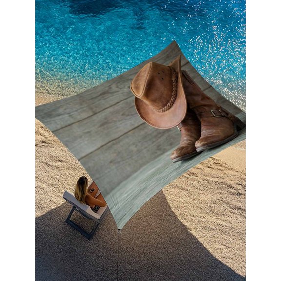 Cowboy Hats Sun Shade Sail 8' x 10', Western Cowboy Boots Vintage Wood Grain Rectangle Outdoor Sunshade Canopy, Waterproof UV Block Patio Covers for Garden Yard Beach