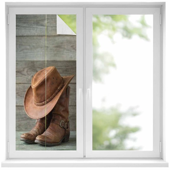 Cowboy Hats Window Privacy Film, Western Cowboy Boots Vintage Wood Grain Frosted Glass Window Clings Static Cling UV Heat Blocking Reusable Door Sticker for Bathroom 19.6 x 39.3 Inch