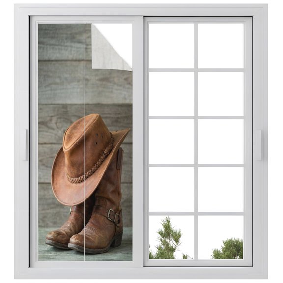 Cowboy Hats Window Privacy Film, Western Cowboy Boots Vintage Wood Grain Frosted Glass Window Clings Static Cling UV Heat Blocking Reusable Door Sticker for Bathroom 23.6 x 59 Inch