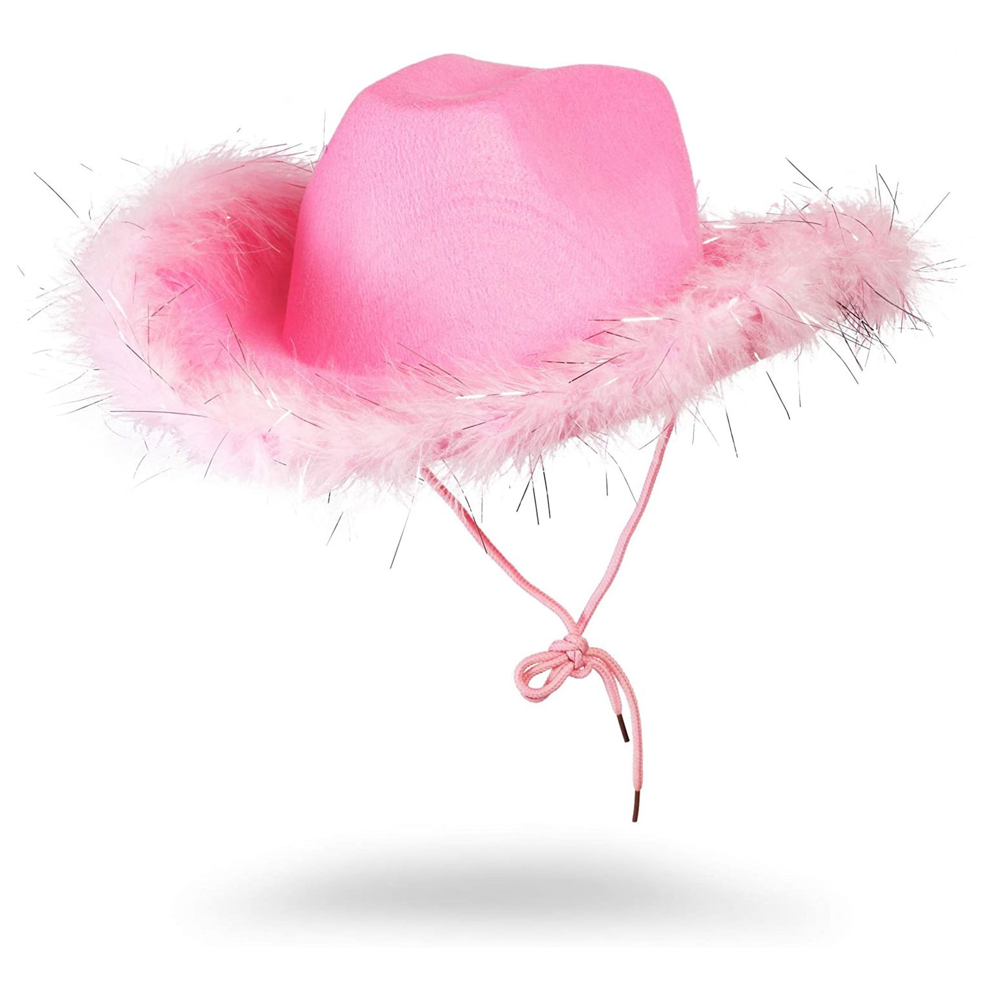 Cowboy Hats for Women and Men - Fluffy, Sparkly Pink Cowgirl Hat with Feathers for Costume, Dress Up Birthday, Party