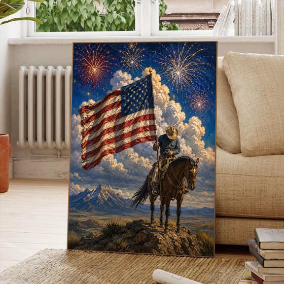 Cowboy Holding American Flag Wall Art Print With Western Americana And Ranch Decor