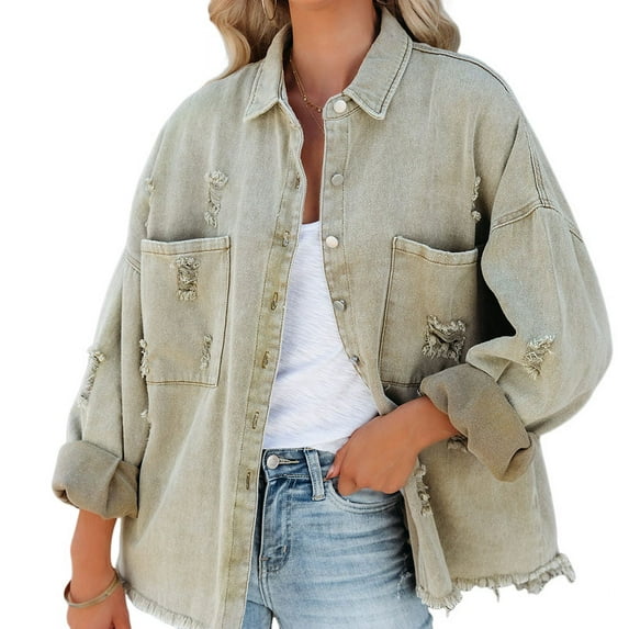 Cowboy Hole Breaking Shirt Style Jacket Women's Flip Collar Long Sleeve Vintage Street Fashion Raw Edge Doing Old Ribbed Buttons