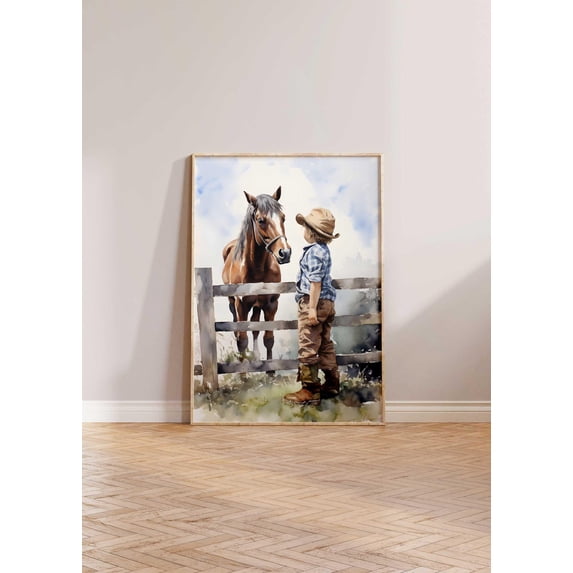 Cowboy Horse Nursery Print, Cowboy Decor, Baby Boy Western Nursery Decor, Room Decor, Nursery Wall Art, Western Art, Boys Bedroom Decor Home Decor #360, Stretched Canvas Size 12x18