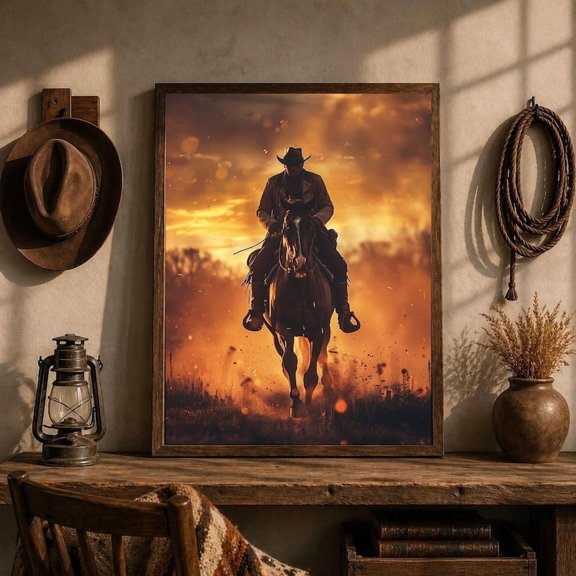 Cowboy Horse Rider Sunset Canvas Print, Rustic Ranch Wild West Decor