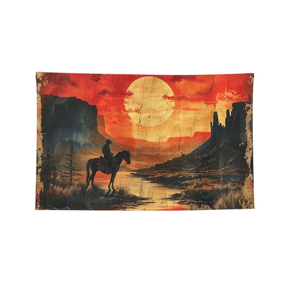 Cowboy Horse Vintage Sunset Art Four Hole Decorated Banner Flag for Garden Yard Home Decoration Indoor Outdoor 2x3 Ft