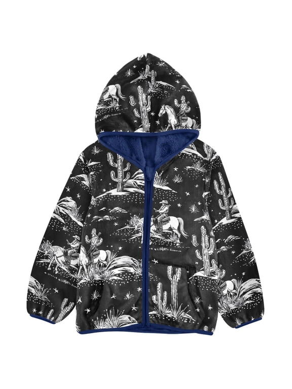 Cowboy Horses Toddler Fleece Hooded Jacket Zip Warm Coat 3T