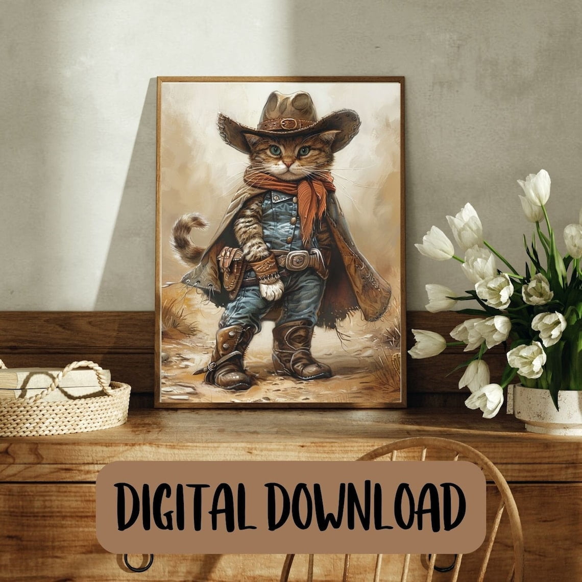 Cowboy Kitty , Cat Printable Wall Art, Unframed Canvas Size 12x18 ...