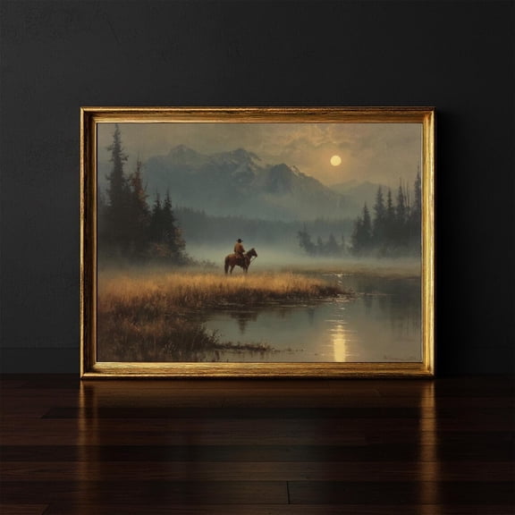 Cowboy Landscape Art Print, Western Sunset, Rustic Mountain Scene, Lone Rider Wall Art, Moody Nature Decor