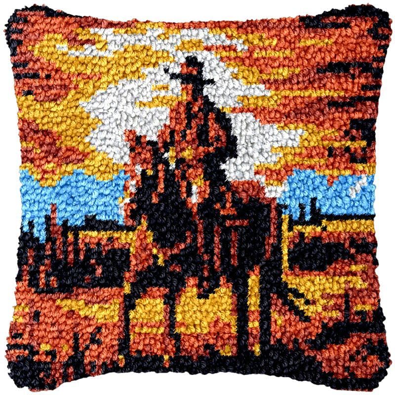 Cowboy Latch Hook Pillow Cover Kits for DIY Handmade Throw Pillow Cross Stitch Latch Hook Pillowcase Rug Cushion Kits with Preprinted Canvas Crochet Yarn Kits Needlework 17'' X 17''