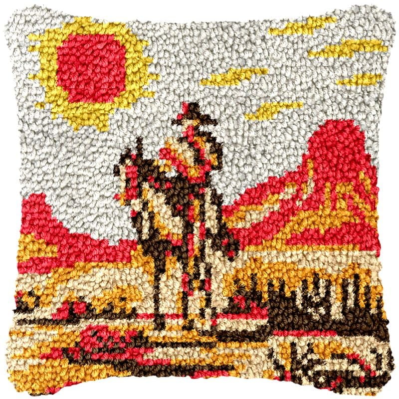 Cowboy Latch Hook Pillow Cover Kits for DIY Handmade Throw Pillow Cross Stitch Latch Hook Pillowcase Rug Kits with Preprinted Color Pattern Canvas Crochet Yarn Kits 17''X 17''(fv140)