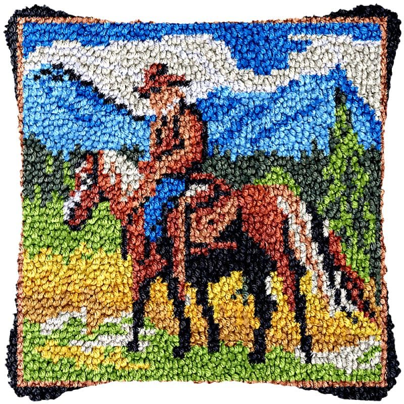 Cowboy Latch Hook Pillow Cover Kits for DIY Handmade Throw Pillow Cross Stitch Latch Hook Pillowcase Rug Kits with Preprinted Color Pattern Canvas Crochet Yarn Kits 17''X 17''(fv205)