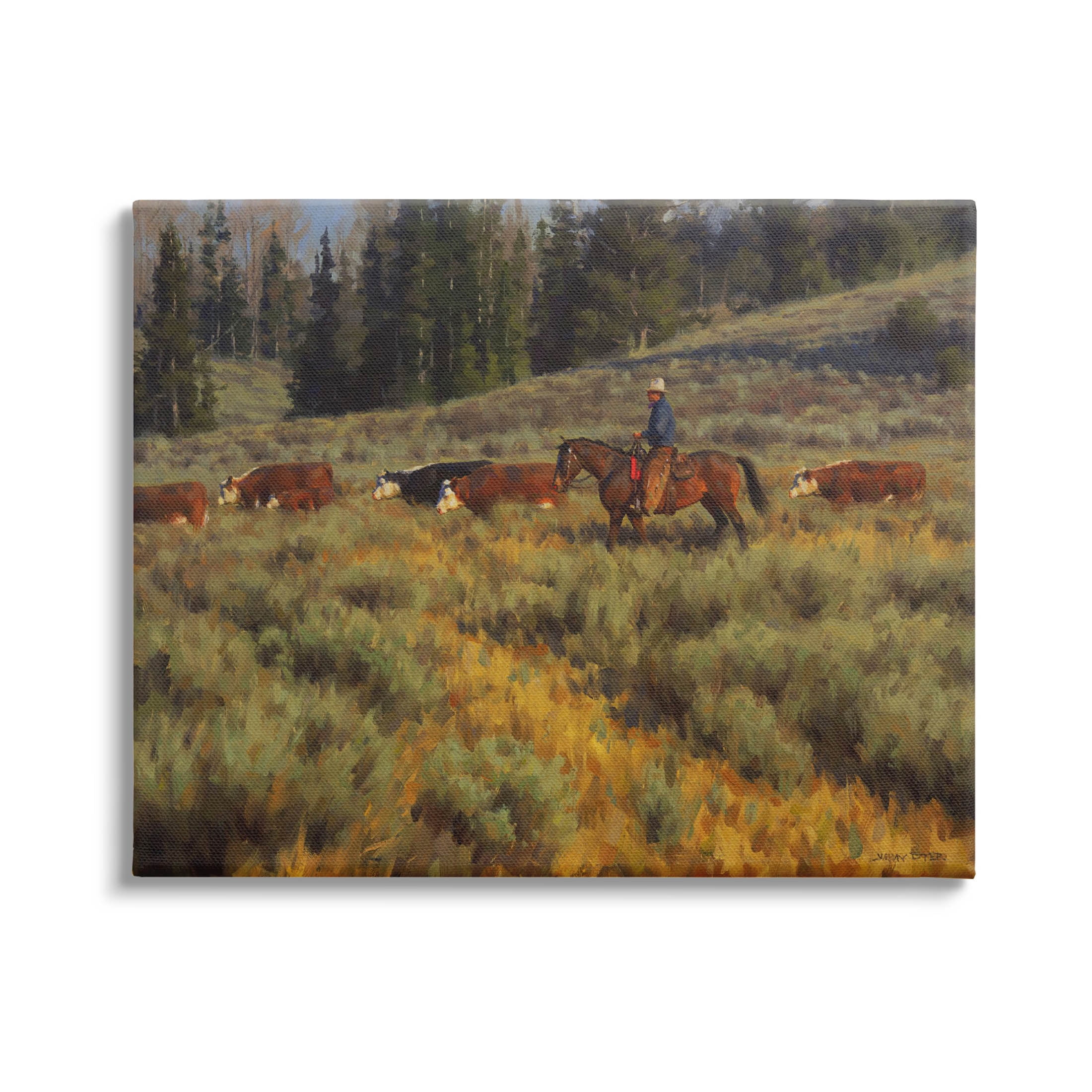 Cowboy Leading Cattle Meadow Animals & Insects Painting Gallery Wrapped Canvas Print Wall Art