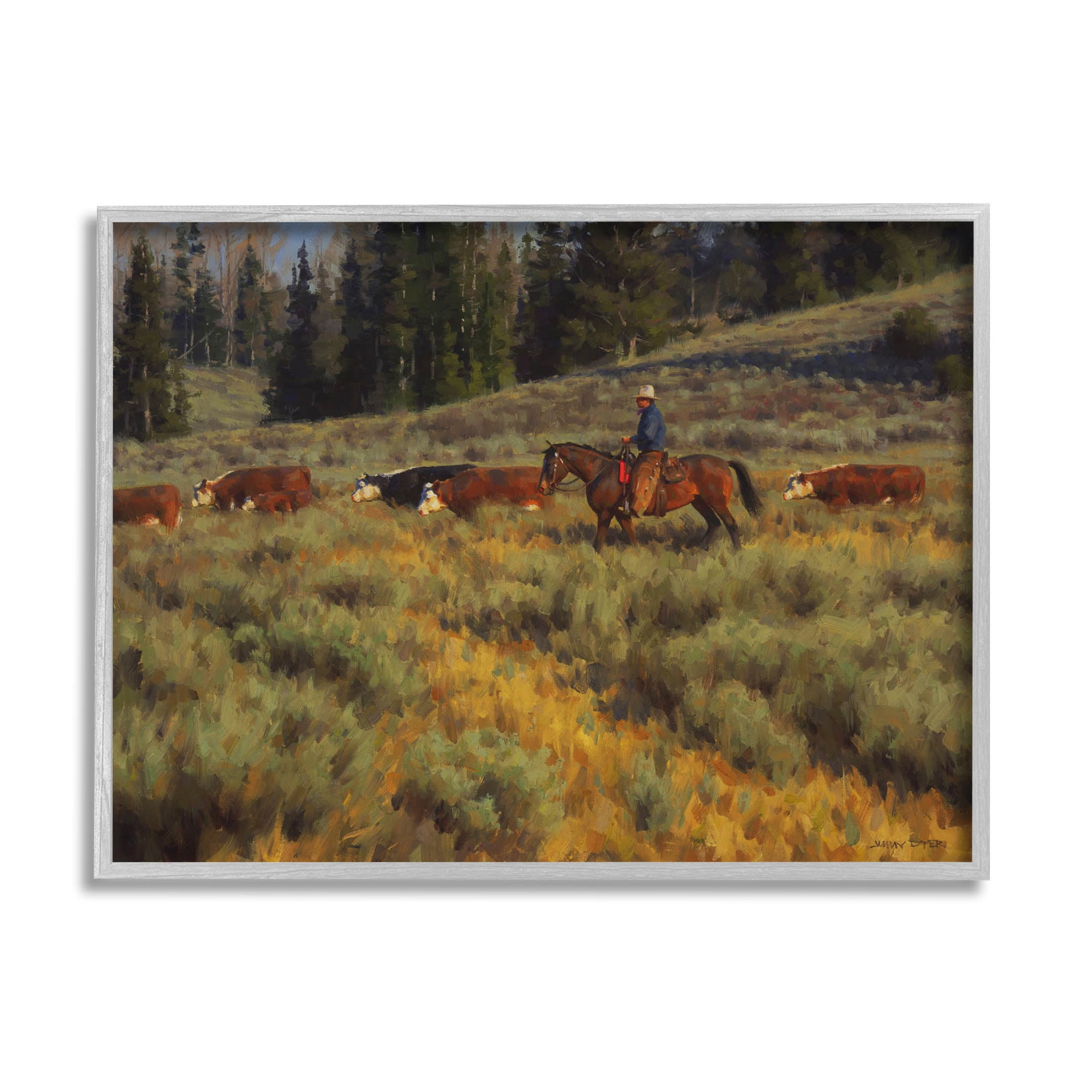 Cowboy Leading Cattle Meadow Animals & Insects Painting Gray Framed Art Print Wall Art