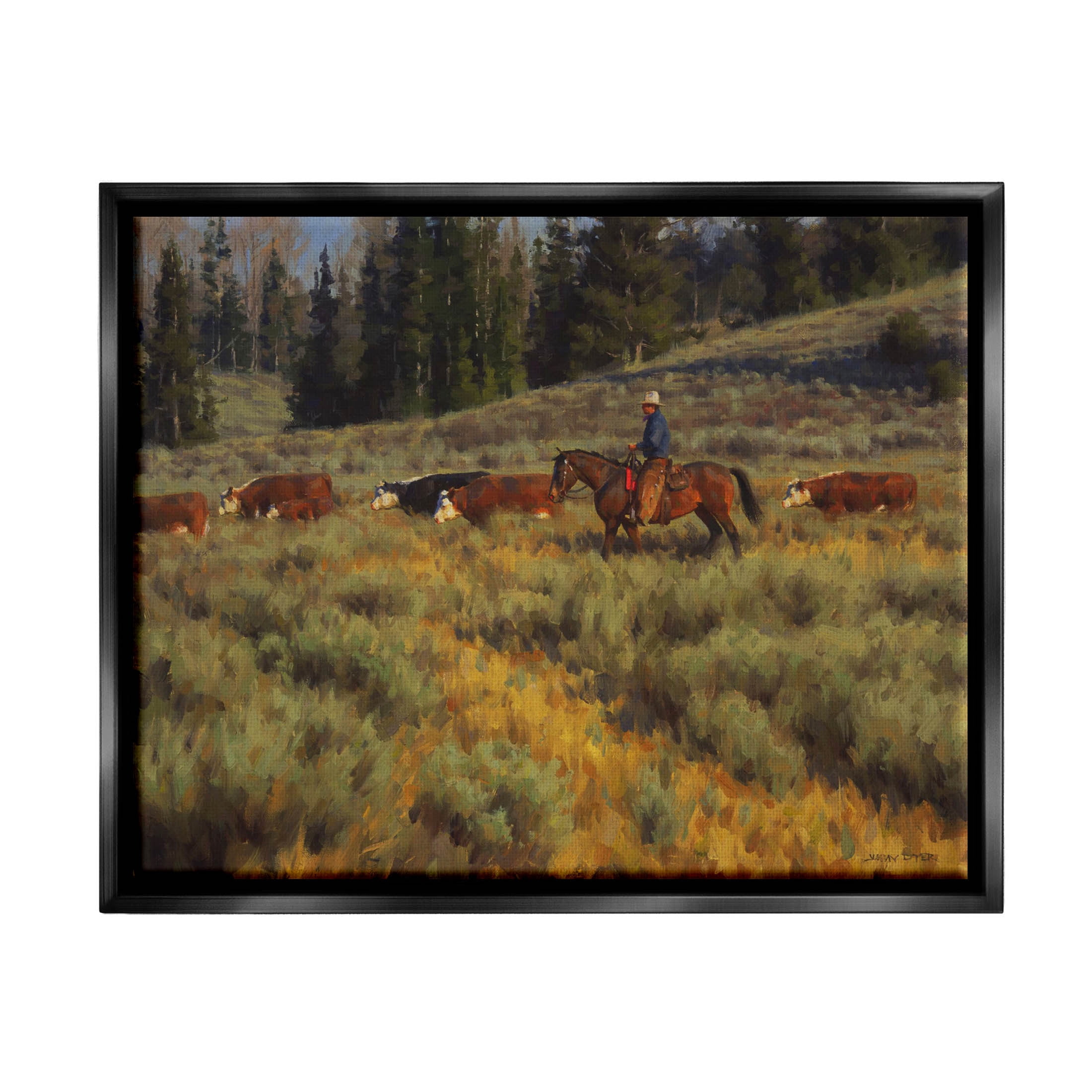 Cowboy Leading Cattle Meadow Animals & Insects Painting Jet Black Framed Art Print Wall Art