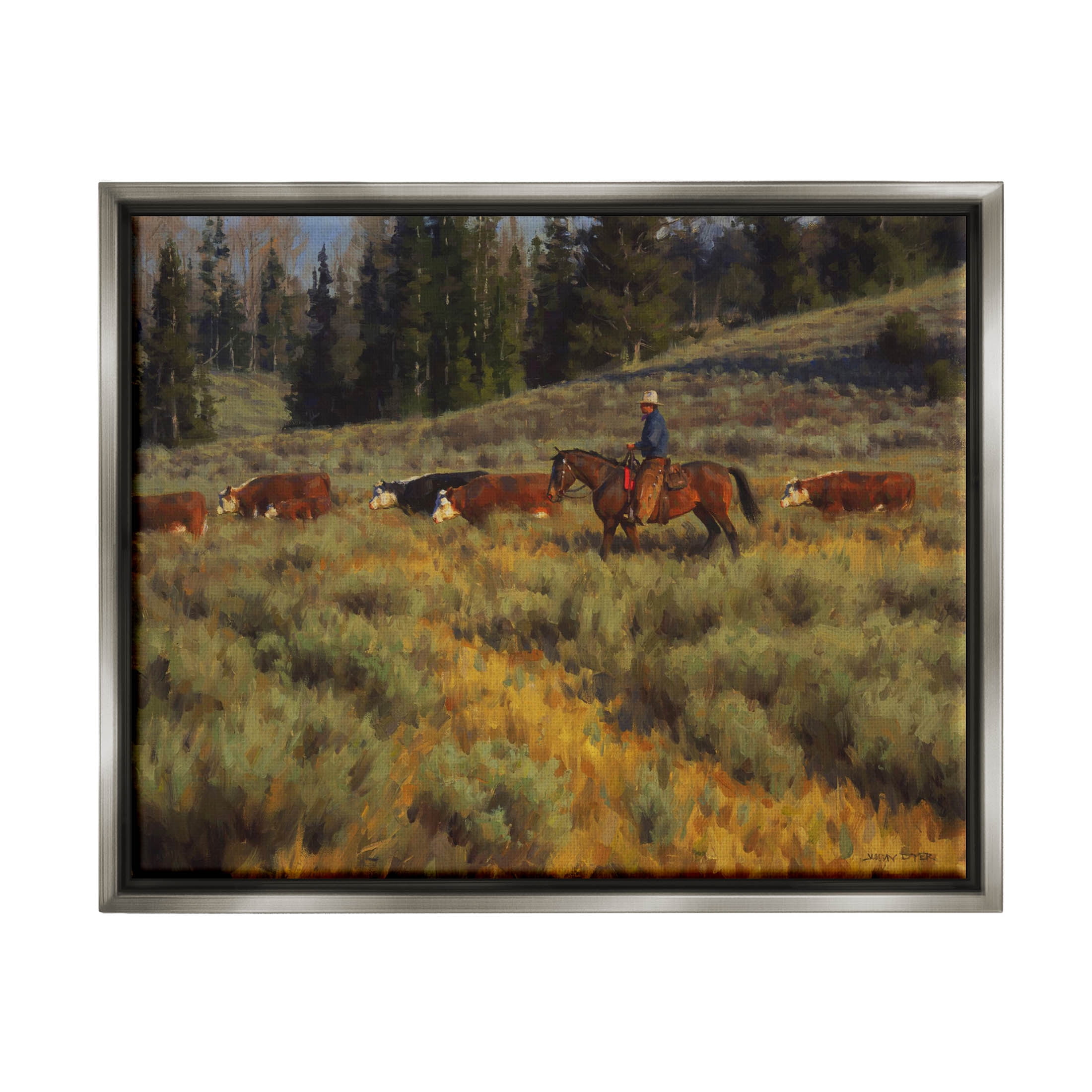 Cowboy Leading Cattle Meadow Animals & Insects Painting Luster Gray Framed Art Print Wall Art