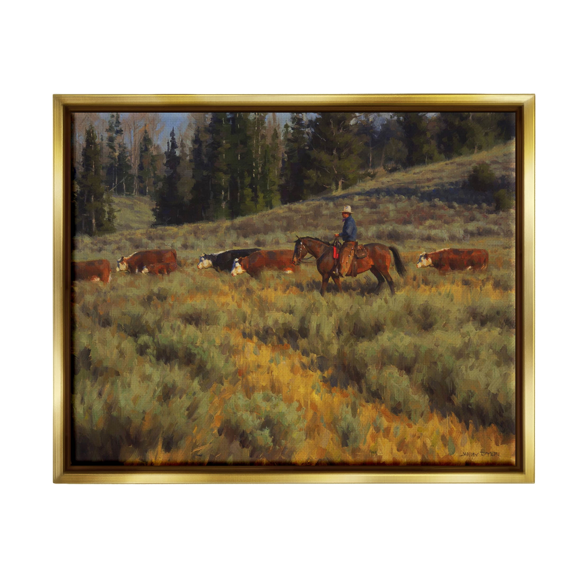Cowboy Leading Cattle Meadow Animals & Insects Painting Metallic Gold Framed Art Print Wall Art