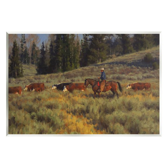 Cowboy Leading Cattle Meadow Animals & Insects Painting Unframed Art Print Wall Art