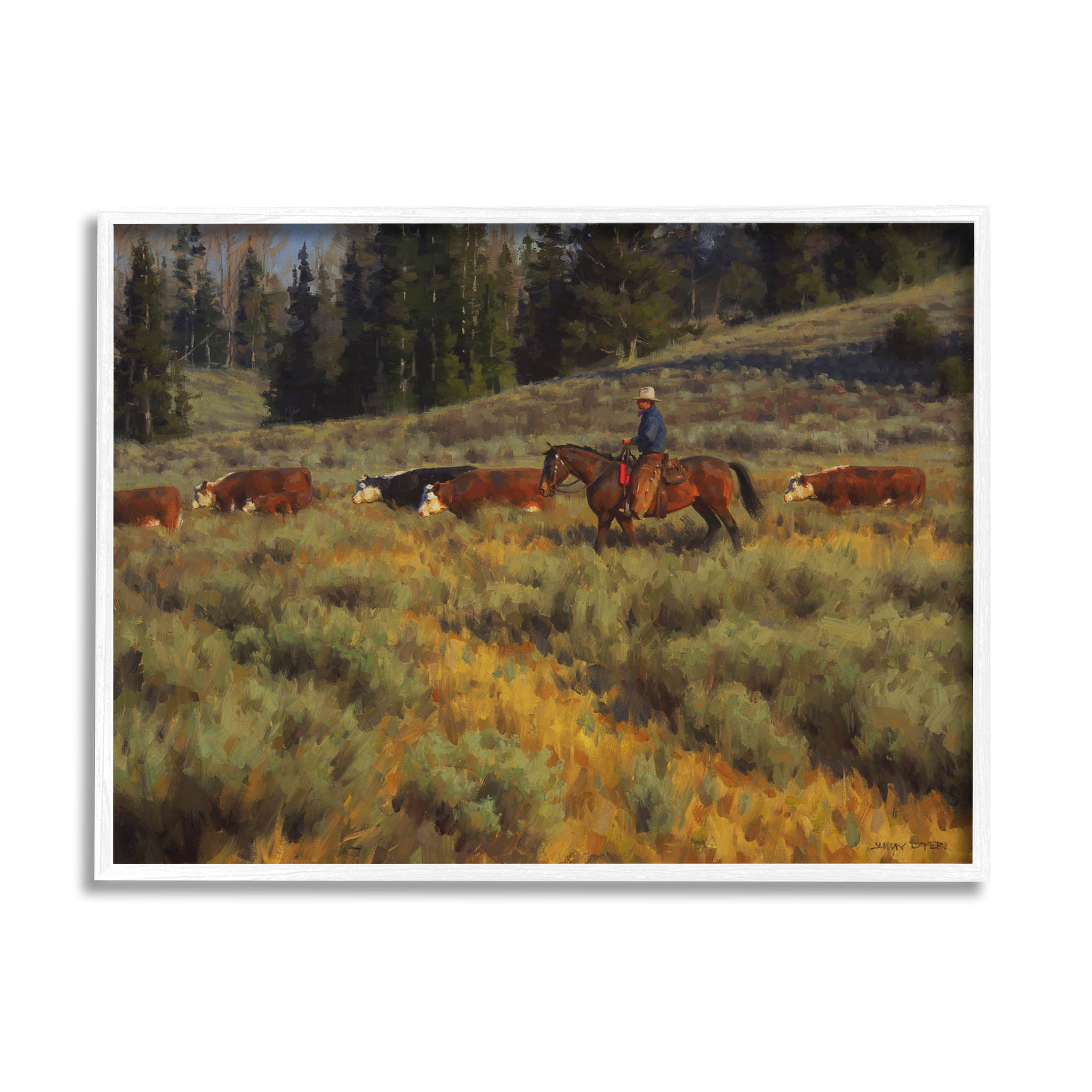 Cowboy Leading Cattle Meadow Animals & Insects Painting White Framed Art Print Wall Art