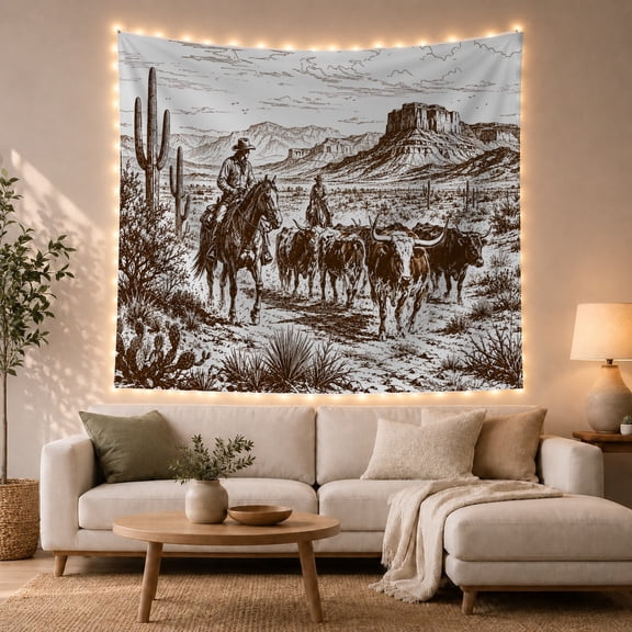 Cowboy Leads Longhorn Herd Across Desert with Mesas, Adventurous Vintage for Western Fans, Frontier Ranch Art, Housewarming Gift, Tapestry Wall Hanging for Living Room and Den
