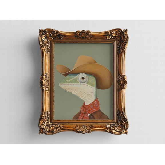Cowboy Lizard Wall Art Print, Western Reptile Portrait Decor