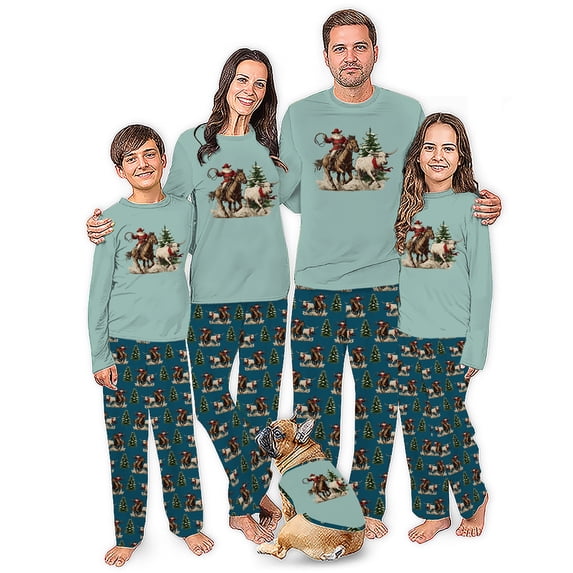 Cowboy Longhorn Matching Family Christmas Pajamas, Western Horse and Christmas Tree Holiday PJs with Pet Sizes, Sage Blue